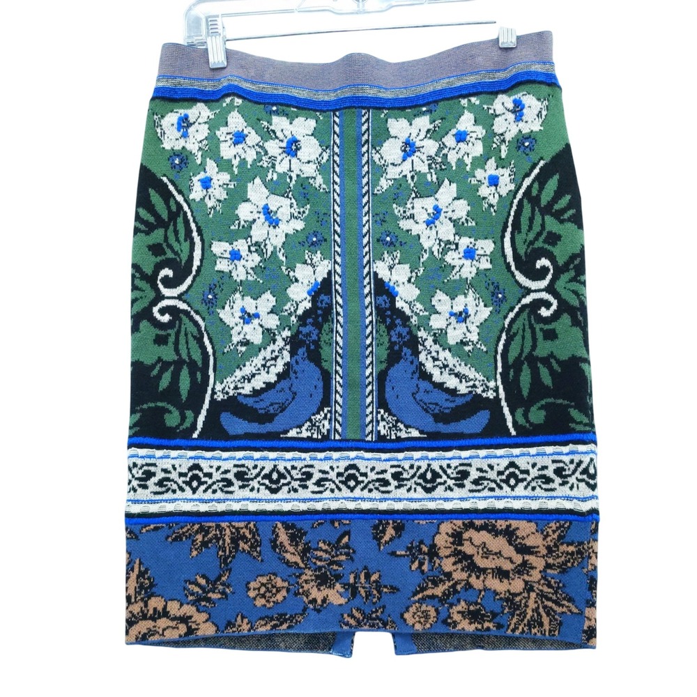 Moth Pencil Skirt Women SP Green Blue Floral Peacock Knit Anthropologie